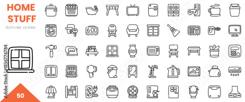 A collection of 50 outline icons representing various home essentials and appliances.