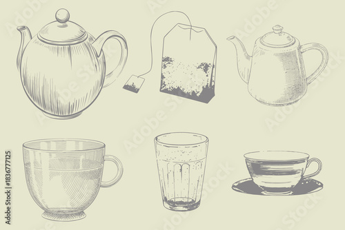 engraving style hand drawn tea set illustration. Eps 10