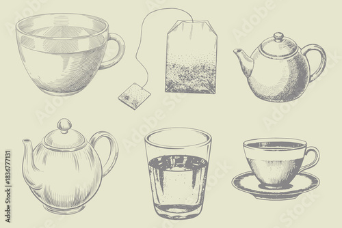 engraving style hand drawn tea set illustration. Eps 10