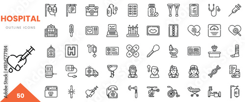 A collection of hospital-related outline icons showcasing healthcare tools and services.