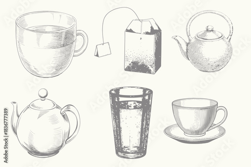 Vintage tea collection. Hand-drawn tea set engraving style vector illustration. Eps 10