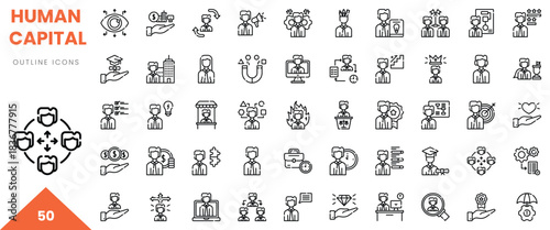 A collection of 50 outline icons representing human capital concepts in a minimalist design.