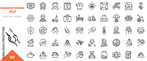 Collection of humanitarian help outline icons depicting care and support themes.