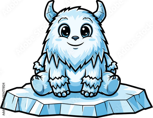 whimsical yeti pup grins contentedly on its shimmering ice island