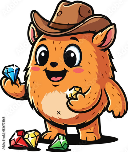 charming explorer cowboy critter collects dazzling gems, brightening adventures