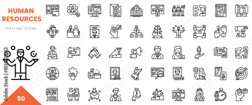A collection of 50 outlined icons representing human resources concepts and roles.