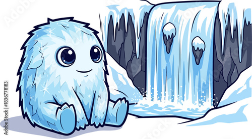 adorable ice spirit finds tranquil joy by the frozen waterfall