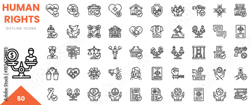 A collection of 50 outline icons representing human rights, including themes of equality, justice, and health.
