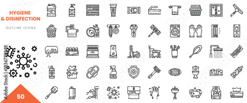 A collection of hygiene and disinfection icons in a minimalist outline style.