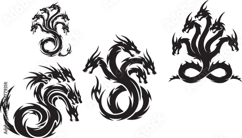 Fierce Tribal Hydra Multi-Headed Dragon Serpent Vector Tattoo Set