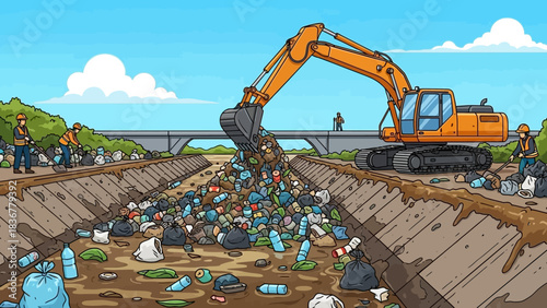 Vector Illustration of a Large Clogged Drainage Canal Being Cleaned by a Heavy Excavator During an Environmental Cleanup Operation