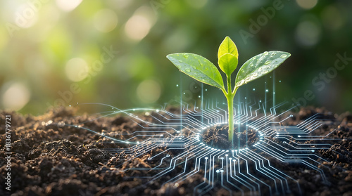 Growth of a young green sprout in fertile soil with digital eco-tech circuit overlay, close-up nature technology concept, macro viewpoint