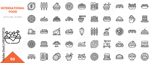 A diverse collection of international food icons, showcasing various dishes in a minimalist outline style.