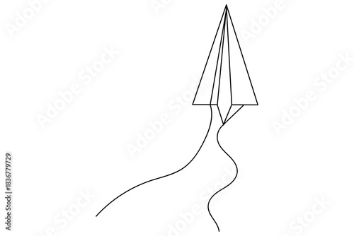 Continuous one line paper airplane sketch in simple style on white background 