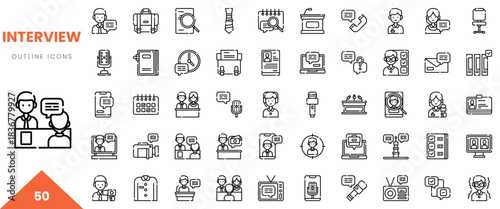 Various outline icons representing interview concepts in a minimalistic design.