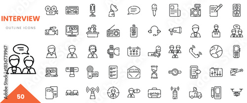 A collection of outline icons representing various aspects of interviews and communication.