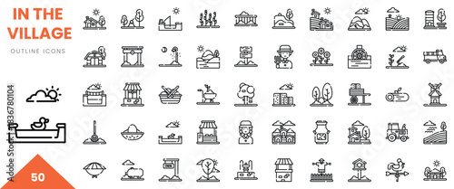 A collection of 50 outline icons depicting various village life elements and activities.