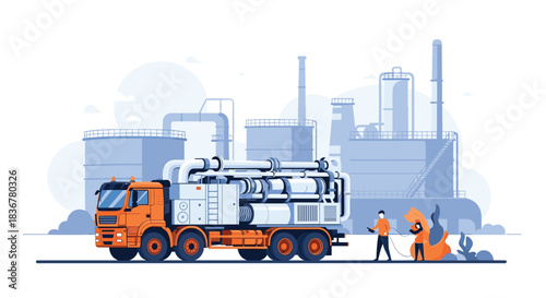 Two workers operate a specialized industrial truck for maintenance or cleaning services at a large energy or chemical processing plant.