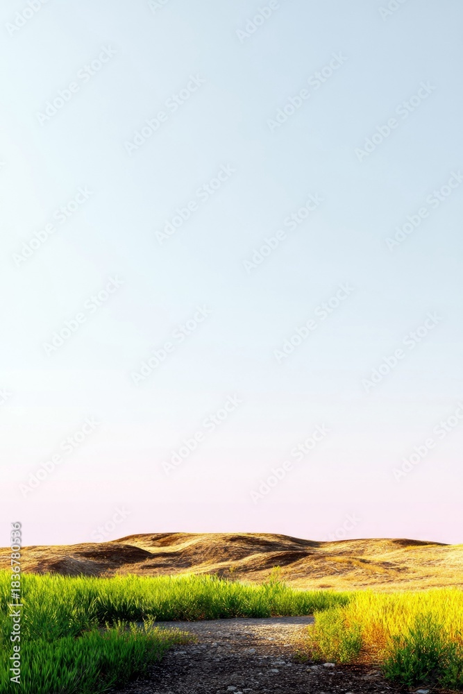 Fototapeta premium Scenic Landscape with Grass, Sky, and Hills at Sunset