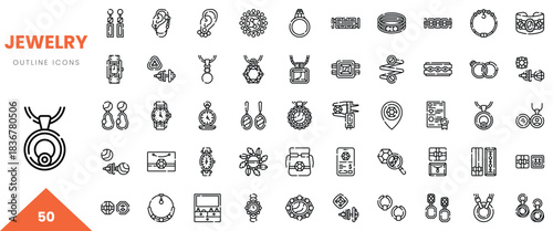 A collection of 50 elegant outline icons depicting various jewelry pieces and accessories.