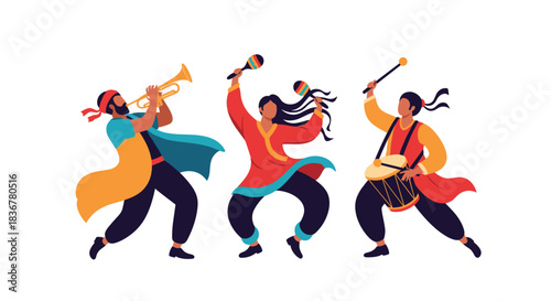 A diverse group of three musicians and dancers performing with traditional instruments in colorful festive attire.