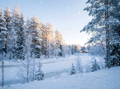 A serene winter landscape with snow-covered pine trees, a frozen river, and a distant cabin under falling snow.
