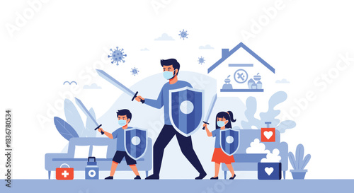 Family, including father and two children, wearing face masks and holding shields and swords, metaphorically fighting off coronavirus for home safety.