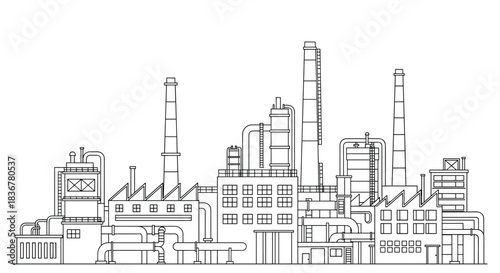 Line art illustration of a large industrial factory complex, featuring multiple buildings, towering smokestacks, and intricate piping systems.