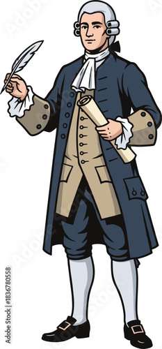Cartoon historical figure with quill and scroll — symbolic character of Enlightenment-era writing, law, and intellectual tradition