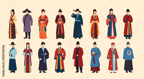 A diverse collection of men and women dressed in traditional East Asian historical costumes, showcasing a range of traditional fashion and cultural attire.