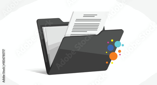 A grey file folder containing important documents with colorful abstract dots and particles representing digital data and information processing.