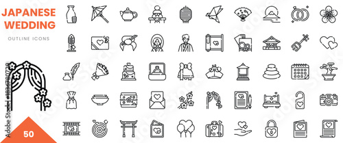 A collection of 50 outline icons representing elements of a traditional Japanese wedding.