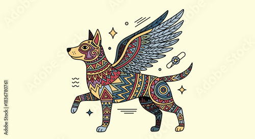 Colorful patterned winged dog illustration in a vibrant tribal folk art style, evoking a mystical and free spirit.