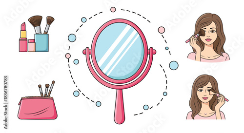 A vibrant illustration of beauty and makeup essentials, featuring a woman applying eyeshadow, cosmetic brushes, lipsticks, and a hand mirror.