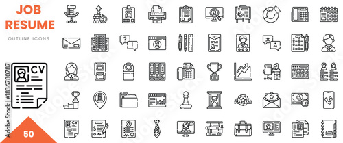 A collection of outline icons representing job resumes, analytics, and professional growth.