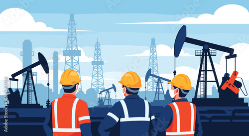 Three oil workers in hard hats and face masks look at an oil field with multiple pumpjacks and drilling rigs under a blue sky.