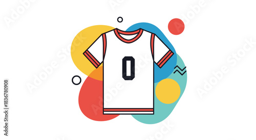 A vibrant vector illustration of a white basketball jersey with red trim and the number 0, set against a background of colorful abstract shapes.