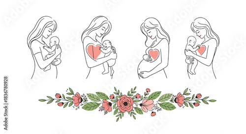 Beautiful line art illustration depicting the loving bond between mothers and their babies, celebrating maternity and family with a floral border.