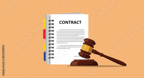 A contract document with colorful tabs and a judge's gavel, symbolizing legal agreements, justice, and official proceedings.