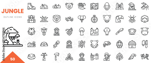 Collection of jungle-themed outline icons featuring animals, plants, and adventure elements.