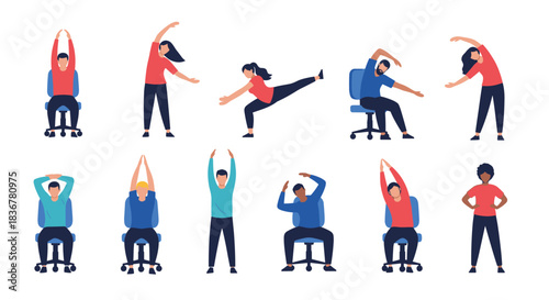 Diverse people perform ergonomic office stretches and exercises, both seated and standing, to promote health and combat sedentary work.