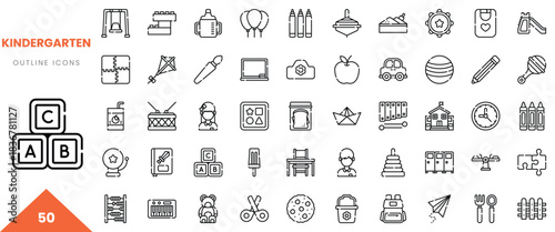 A creative collection of kindergarten-themed outline icons depicting educational and playful elements.