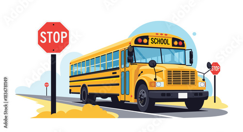 A bright yellow school bus with a 'SCHOOL' sign on its front is parked on a road next to a large stop sign, emphasizing student safety during transportation.