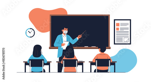 A masked teacher gives a lesson to students in a classroom, illustrating the new normal for education during a pandemic.