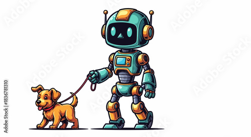 digital caregiver guiding loyal companion through whimsical future strolls