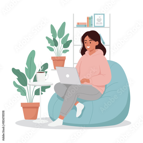 Young woman working from home sitting on beanbag chair with laptop and coffee vector illustration