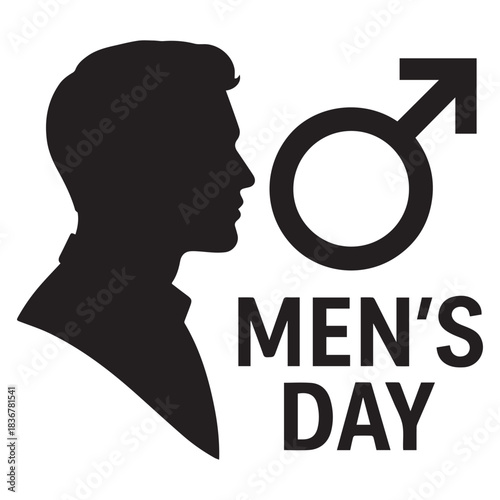 Silhouette of a man’s profile with a male gender symbol and text 'Men’s Day', isolated on a clean white background. Minimalist International Men’s Day concept