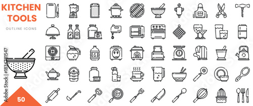 A collection of 50 kitchen tool outline icons, showcasing various cooking utensils and appliances.