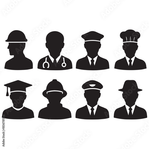 Set of professional silhouette icons featuring various occupations, isolated on a clean white background