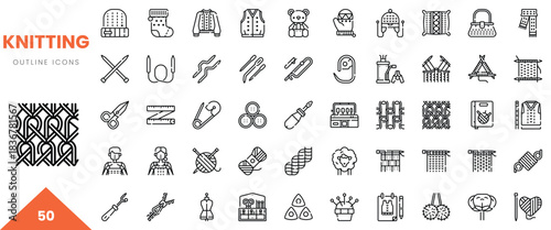 Collection of diverse knitting and crafting outline icons in black and white, showcasing creativity.